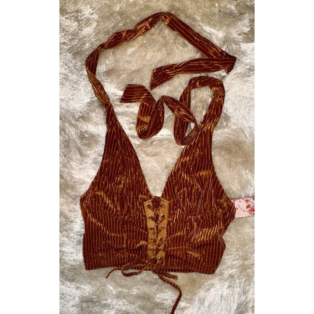 Front Lace Halter Top Plunge Front Backless Tie Brown Ribbed Boho Cowgirl NWT